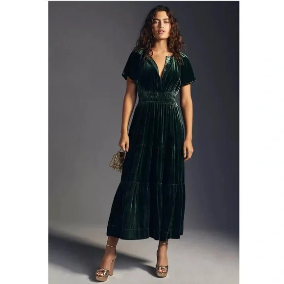 Anthropologie | Dresses | Nwt Anthropologie The Somerset Maxi Velvet Dress  Long Tiered Dark Green | Poshmark